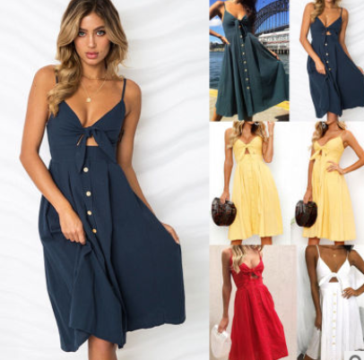 Buttoned Bow Sexy Strap Dress