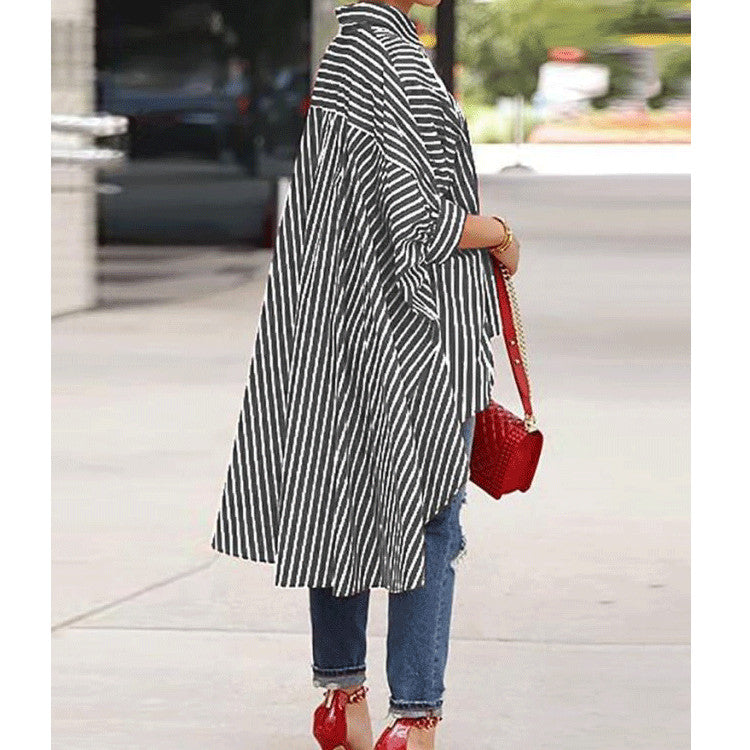 Women Loose Striped Tuxedo Shirt Dress