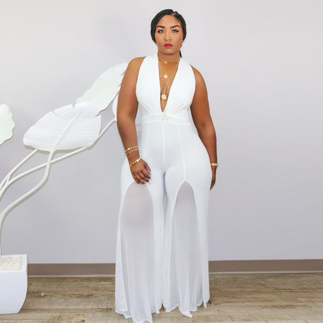 Plus Size Jumpsuit with Shear Cut-out Legs