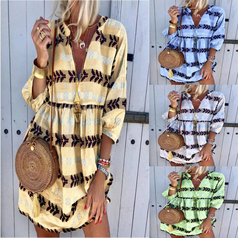 Three-Quarter Sleeves Printed Loose V-neck T-shirt Dress