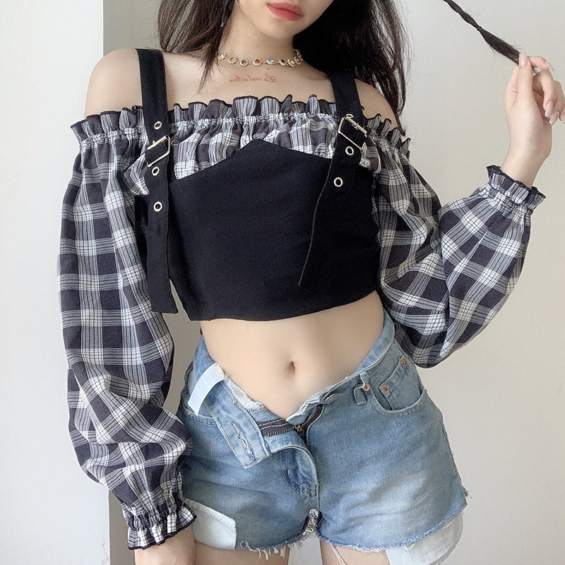 Plaid stitching shoulder straps shirt