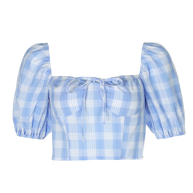 Plaid stitching shoulder straps shirt