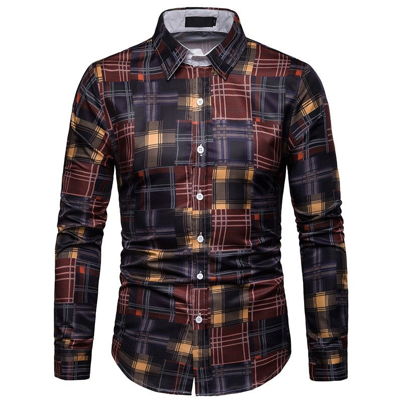 Men's long-sleeved plaid casual shirt