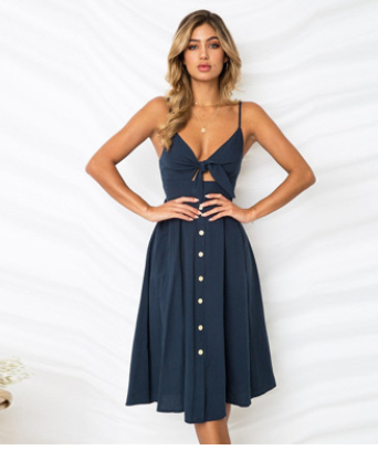 Buttoned Bow Sexy Strap Dress