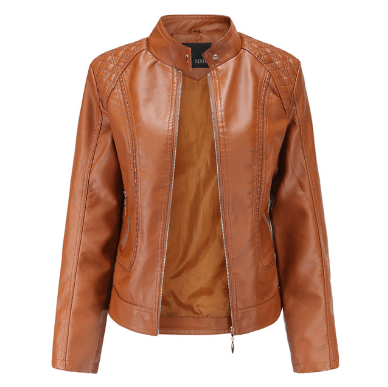 Stand-up collar PU leather jacket women