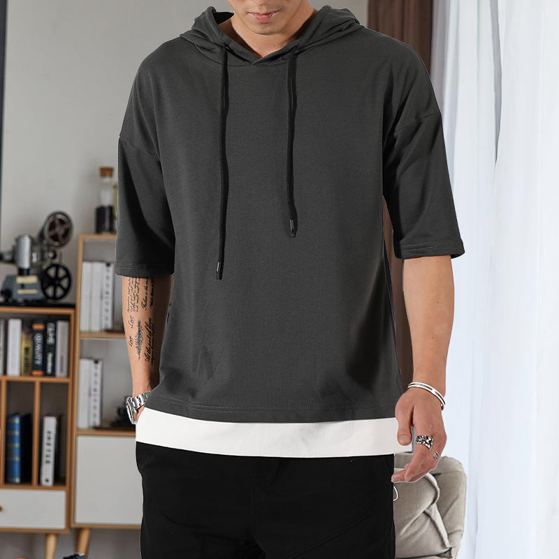 Fake Two-piece Men's Hooded Three-quarter Sleeve