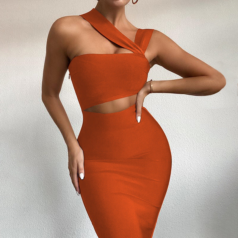 One-shoulder Tube Top Mid-length Solid Color Party Fashion Dress Women