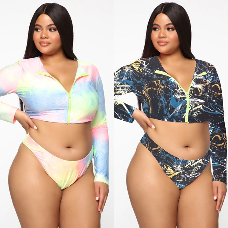 Bikini Long Sleeve Colorful Sexy Plus Size Swimsuit with Zipper