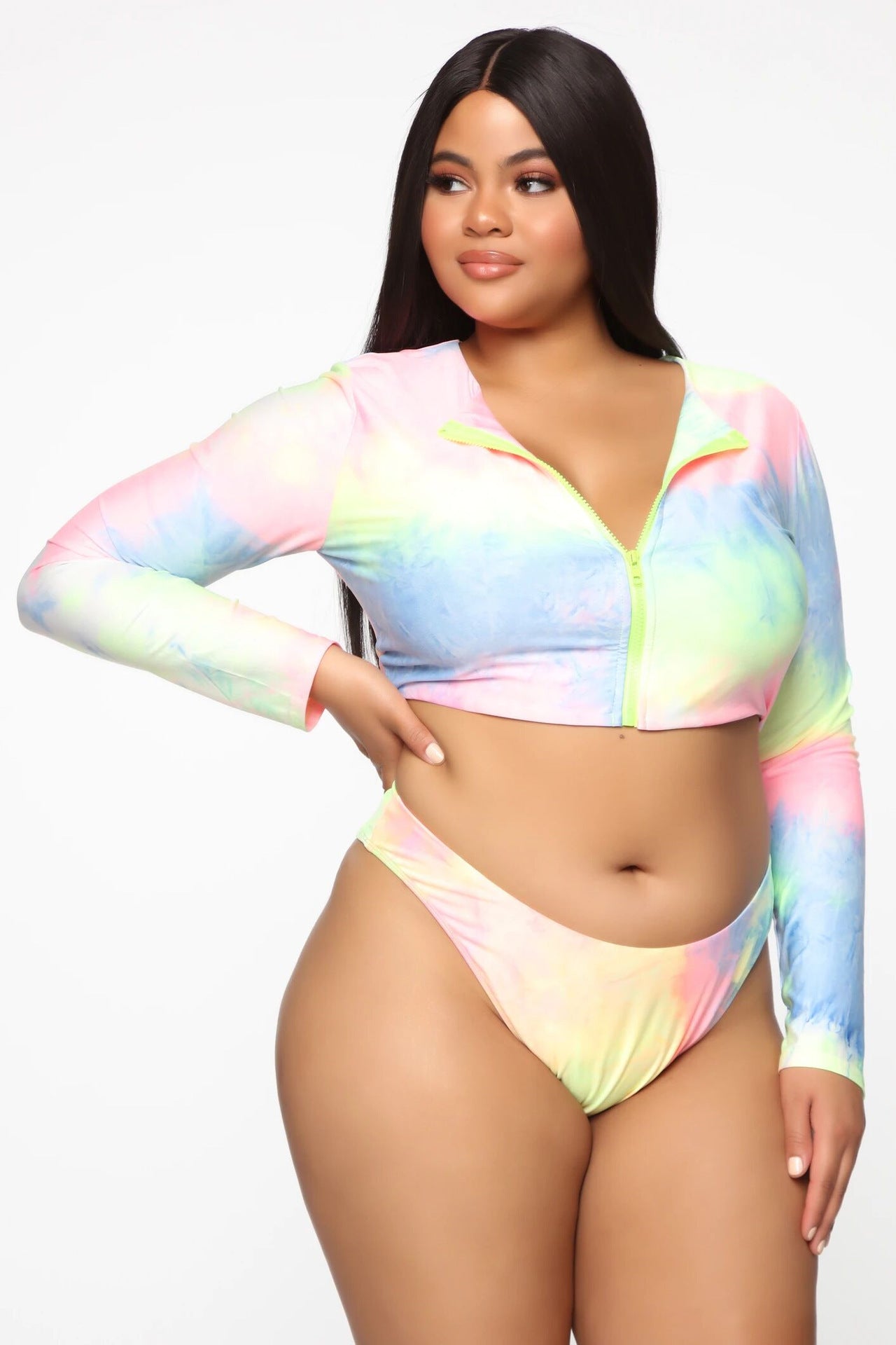 Bikini Long Sleeve Colorful Sexy Plus Size Swimsuit with Zipper