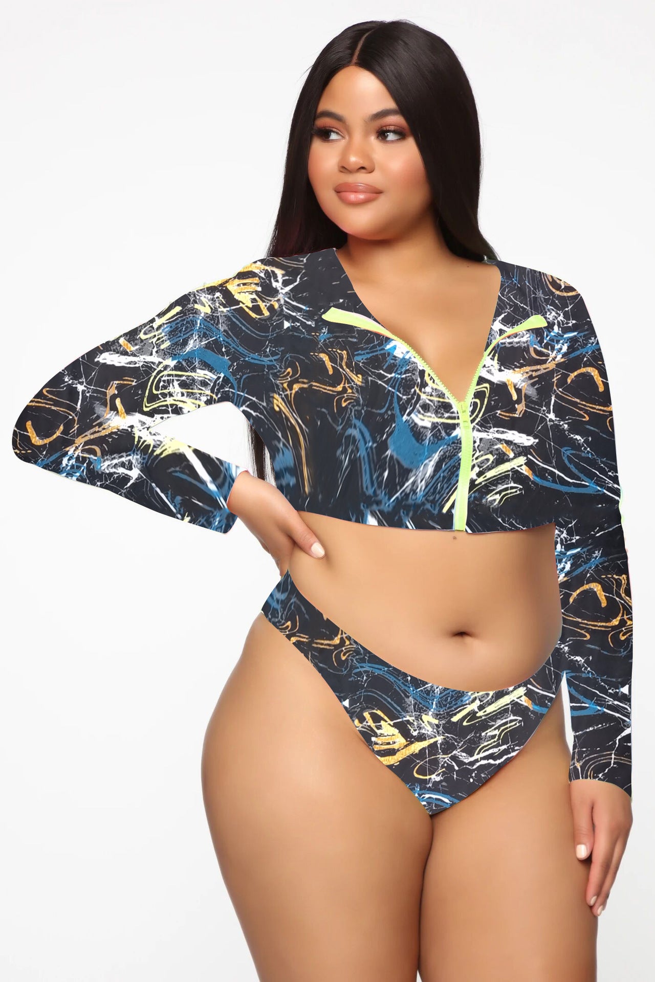 Bikini Long Sleeve Colorful Sexy Plus Size Swimsuit with Zipper