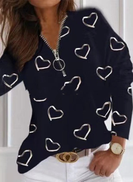 Loose V-neck Heart Print Women's Shirt