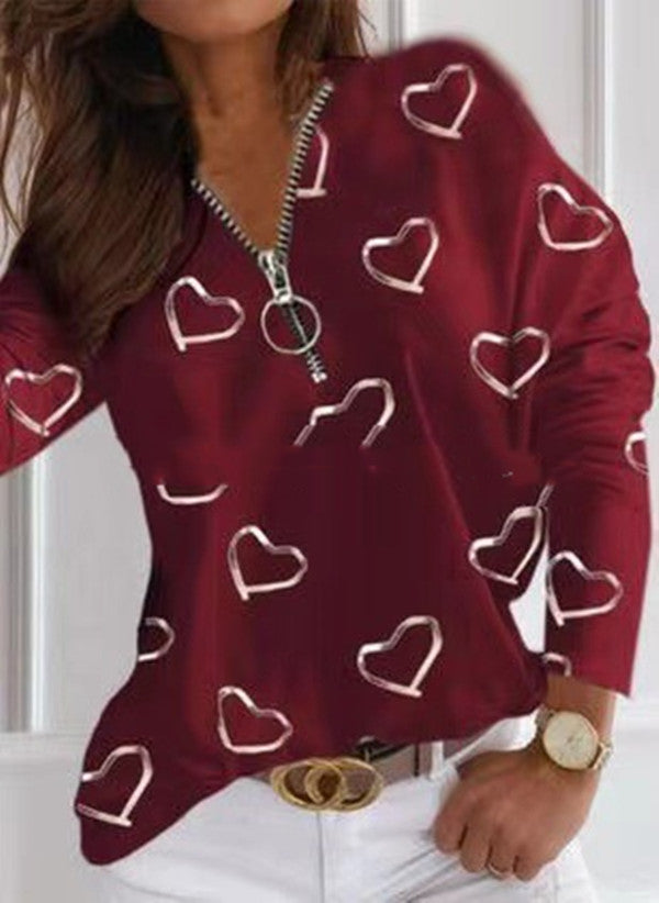 Loose V-neck Heart Print Women's Shirt