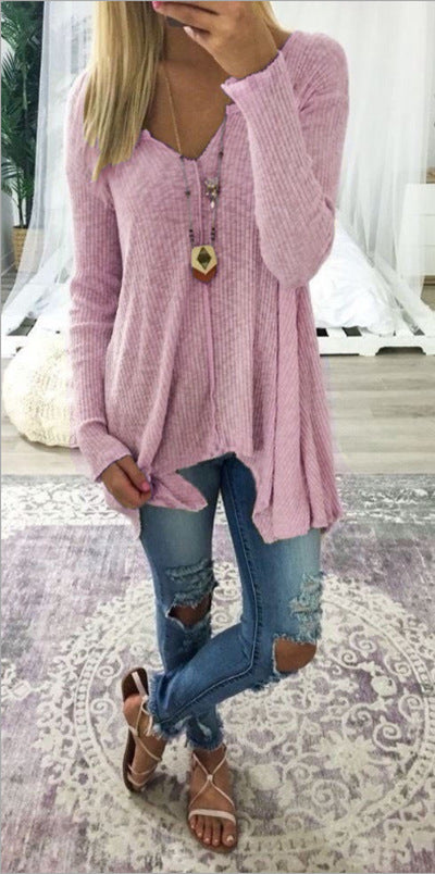 Solid Color V Neck Women Sweater