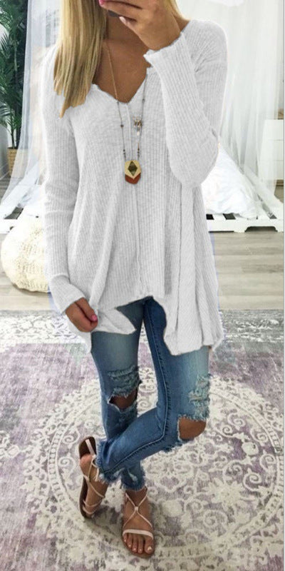 Solid Color V Neck Women Sweater