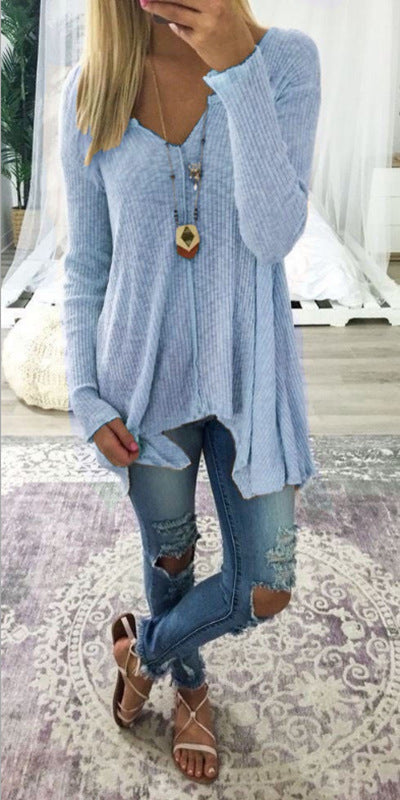 Solid Color V Neck Women Sweater