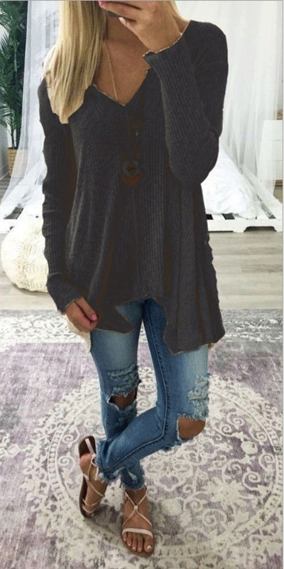 Solid Color V Neck Women Sweater