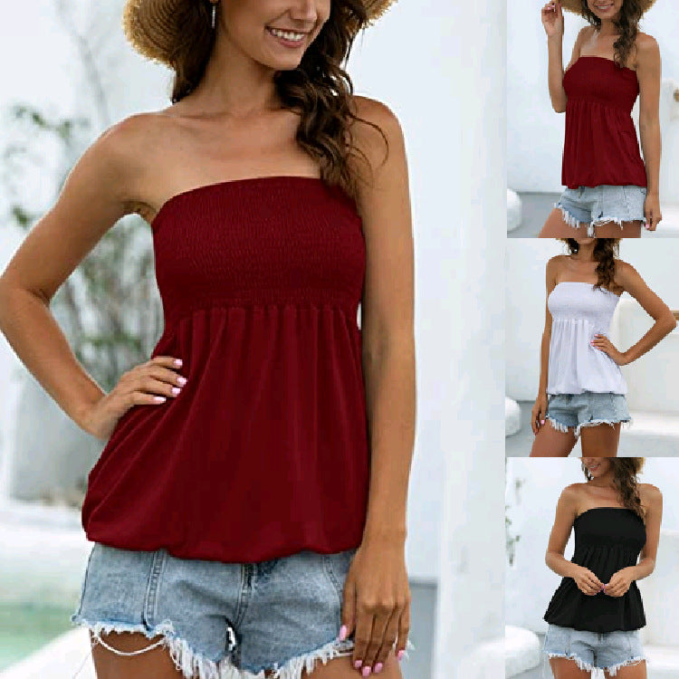 Sleeveless Babydoll Tube Top Ruffled Pleated Top