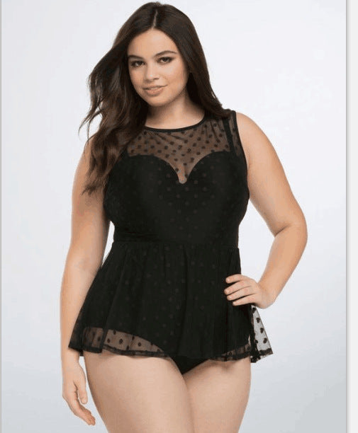 Poka-Dot Mesh Sexy Ladies Plus Size Swimsuit