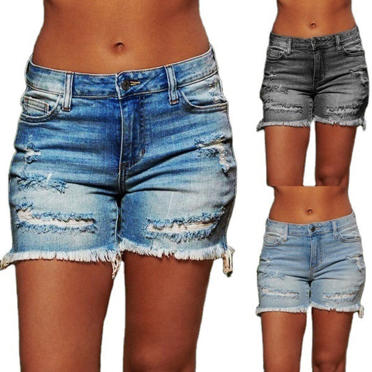 New Style Ripped Fringed High Stretch Denim Shorts Women