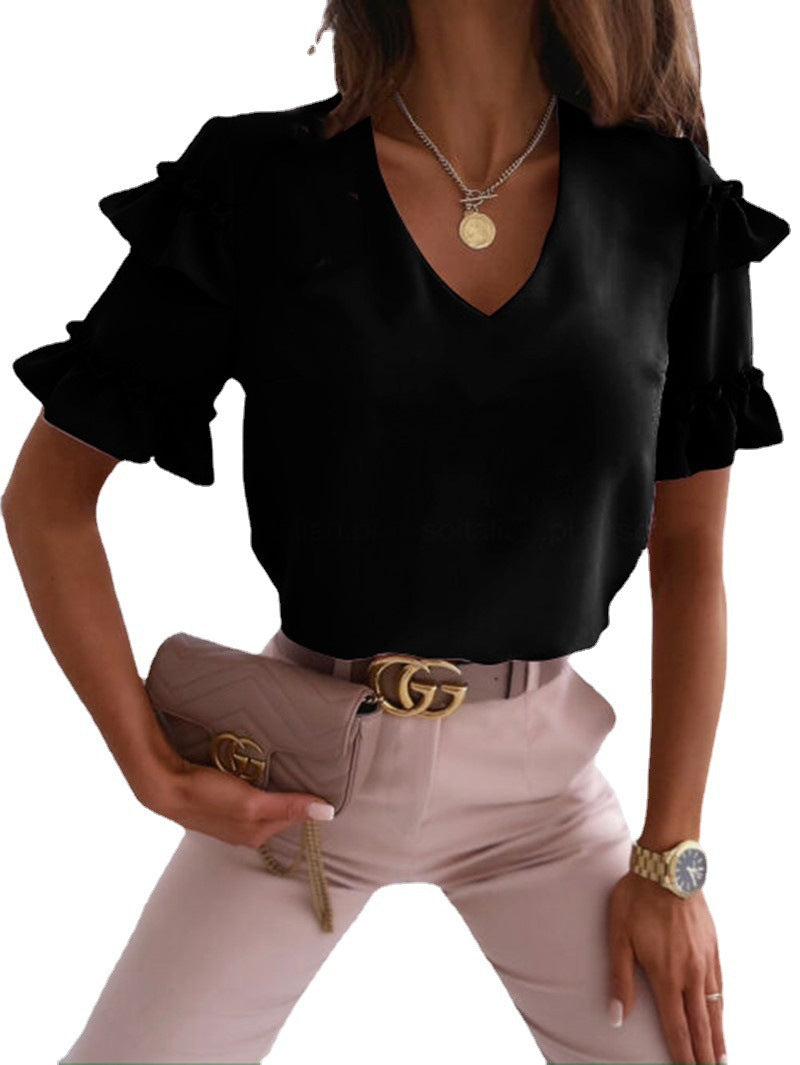 Ruffled Short Sleeved V Neck Simple Shirt For Women