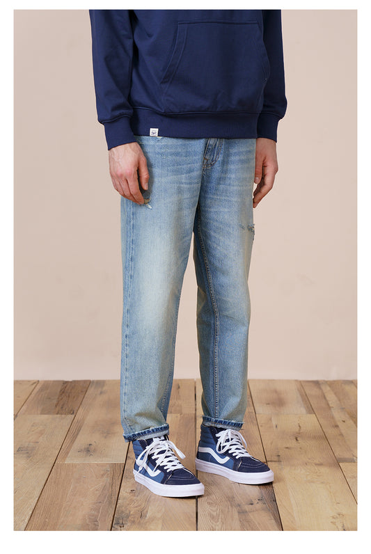 Washed Micro-elastic Frayed Cropped Jeans Men