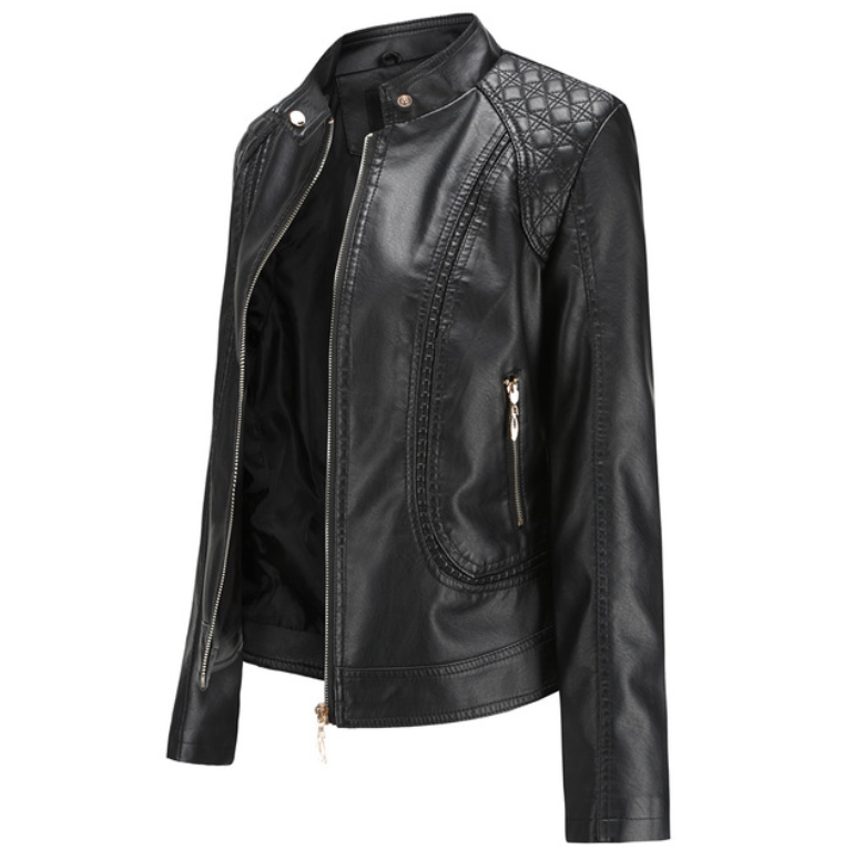 Stand-up collar PU leather jacket women