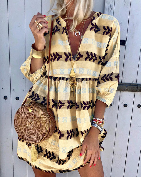 Three-Quarter Sleeves Printed Loose V-neck T-shirt Dress