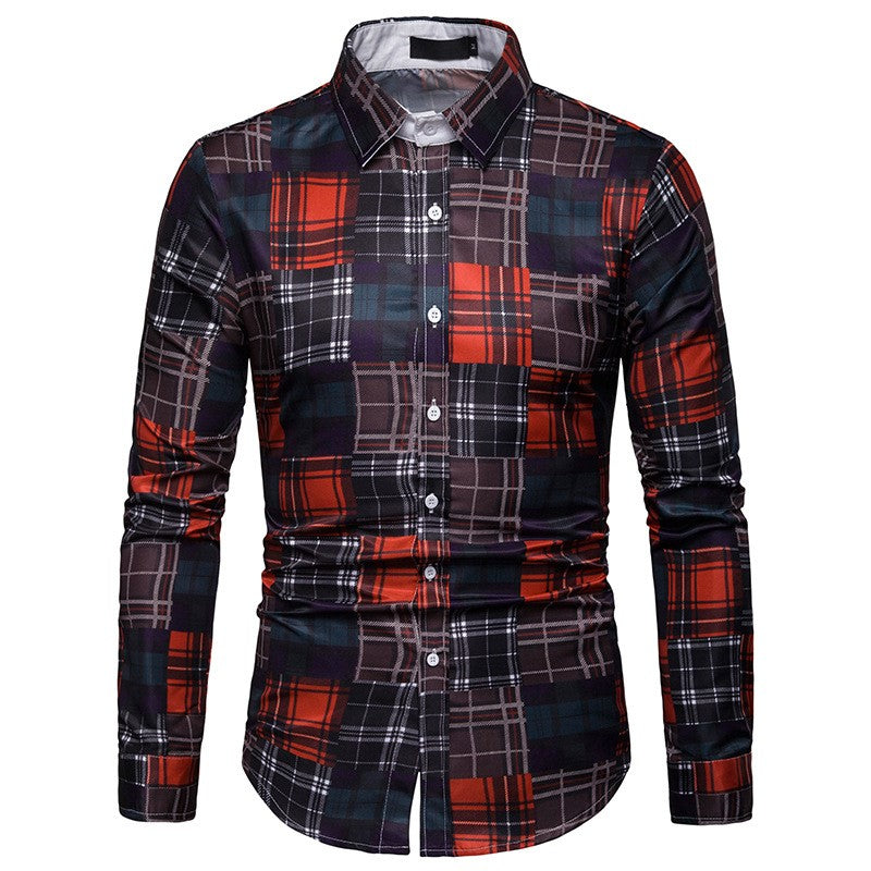 Men's long-sleeved plaid casual shirt