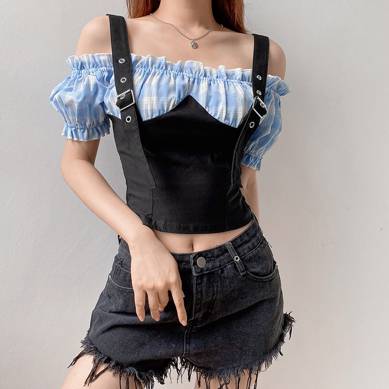 Plaid stitching shoulder straps shirt