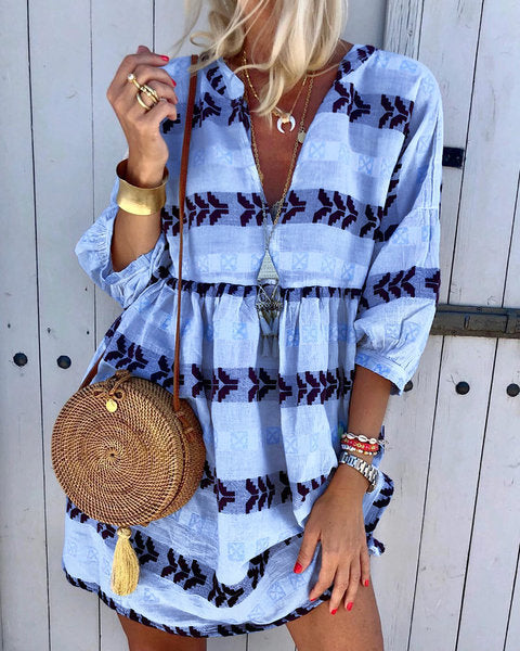 Three-Quarter Sleeves Printed Loose V-neck T-shirt Dress