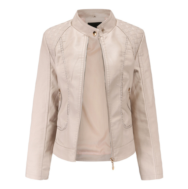 Stand-up collar PU leather jacket women