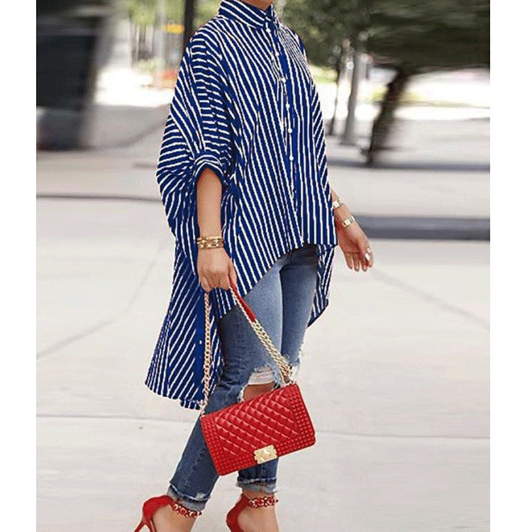 Women Loose Striped Tuxedo Shirt Dress