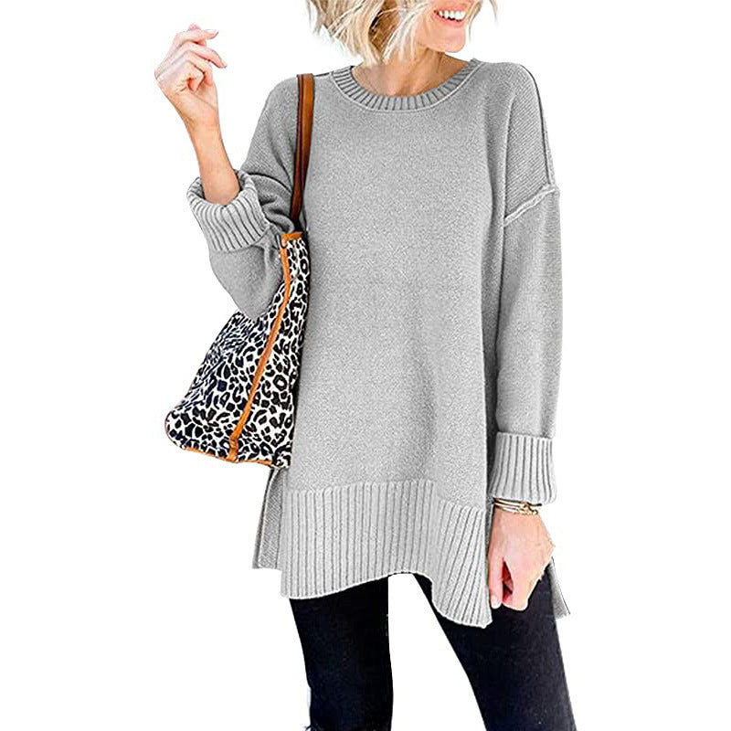 Women's Long Sleeve Side Slit Loose Knit Pullover sweater