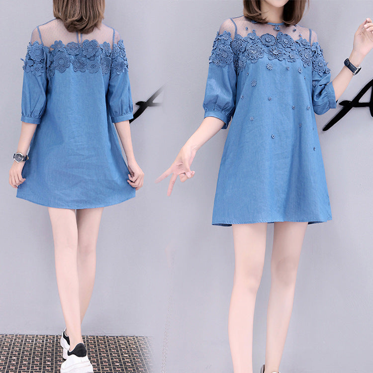 Embroidered Beaded A-line Denim Dress Women