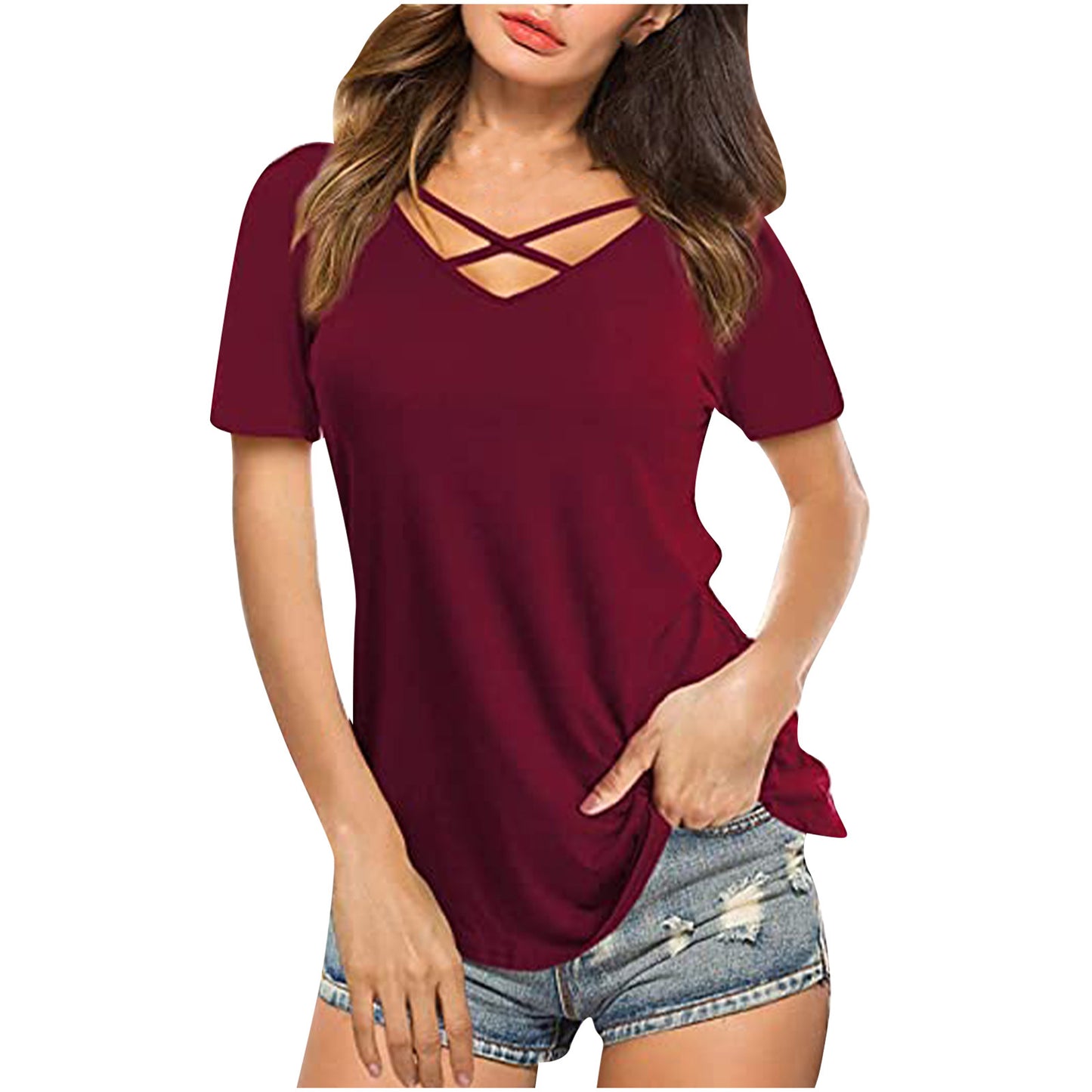 Front Cross VNeck Short Sleeve T-Shirt for Women