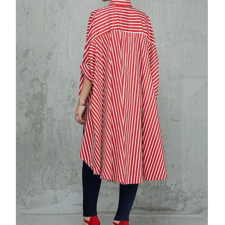 Women Loose Striped Tuxedo Shirt Dress