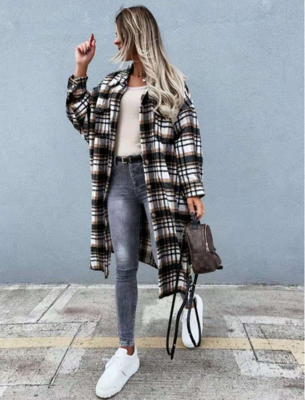 New Style Lengthened Plaid Shirt For Women