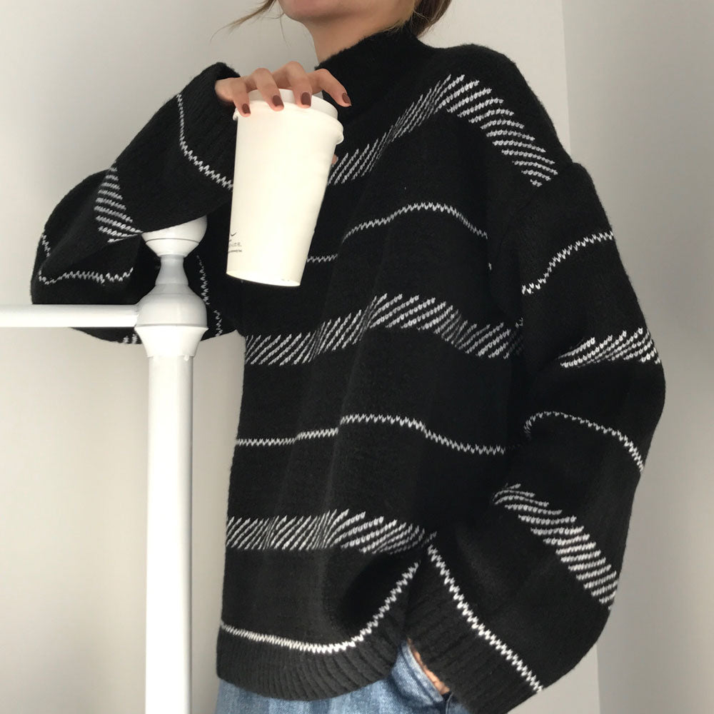 Retro sweater turtleneck striped sweater