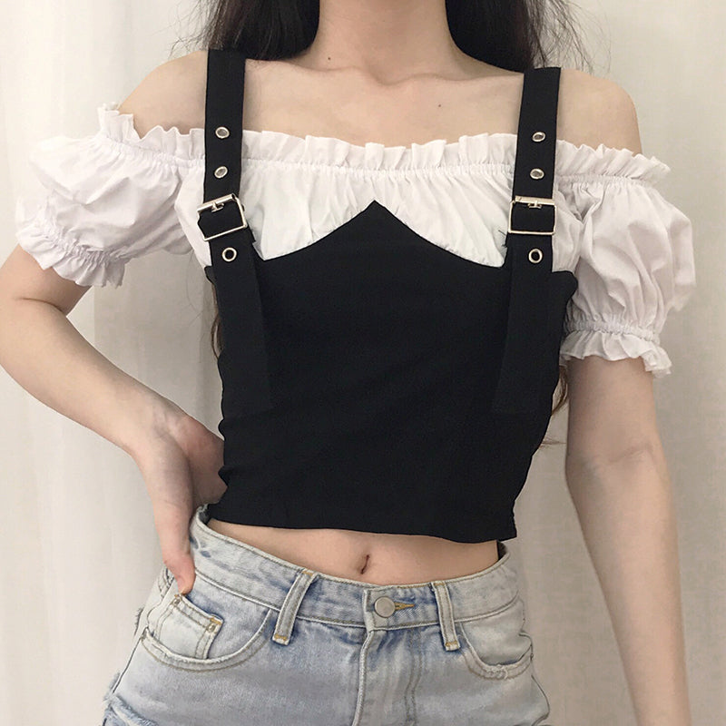 Plaid stitching shoulder straps shirt