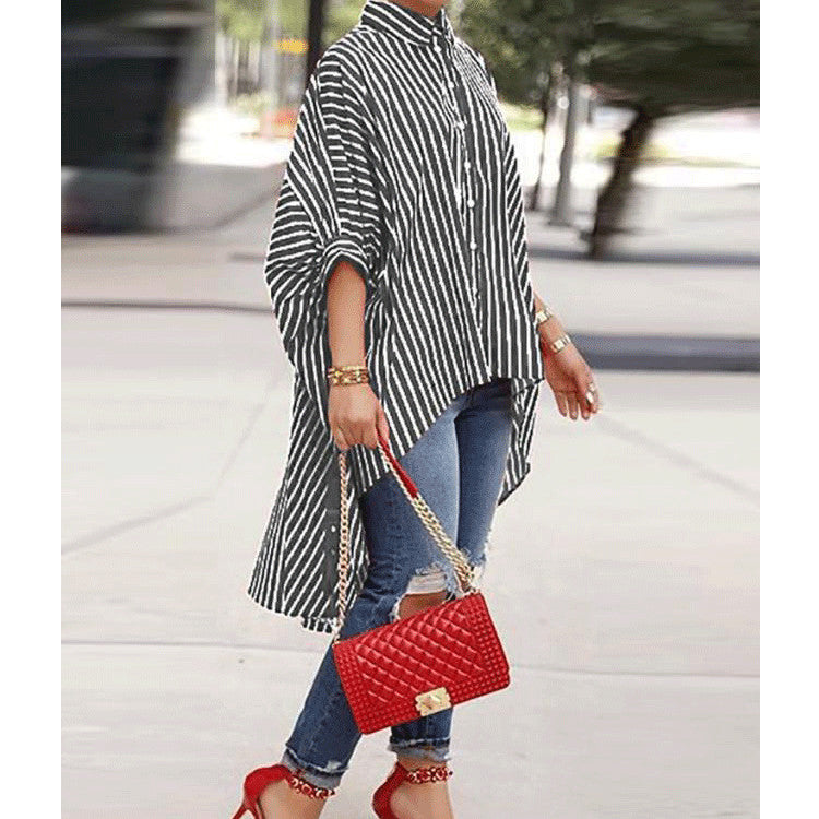 Women Loose Striped Tuxedo Shirt Dress