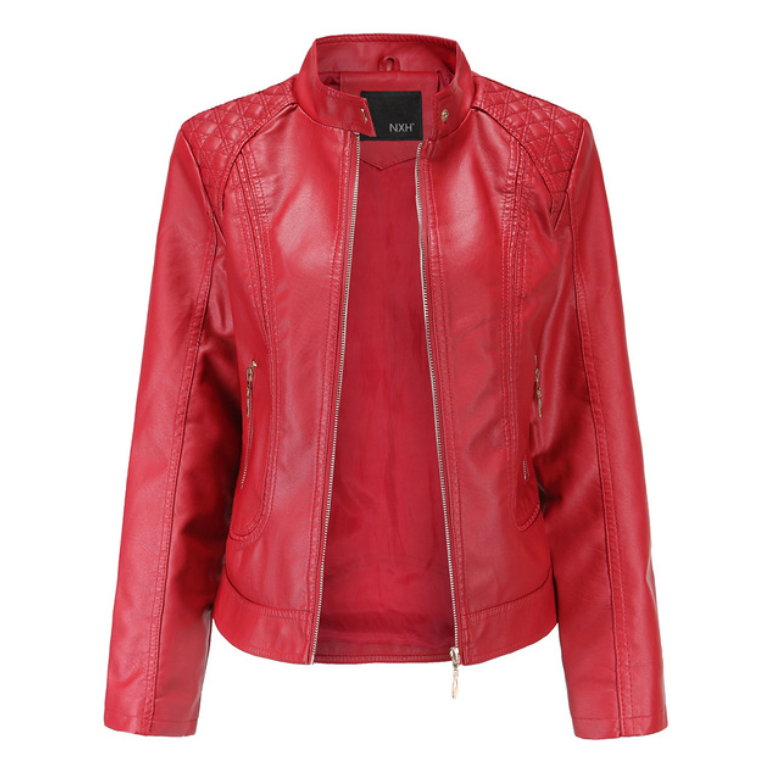 Stand-up collar PU leather jacket women