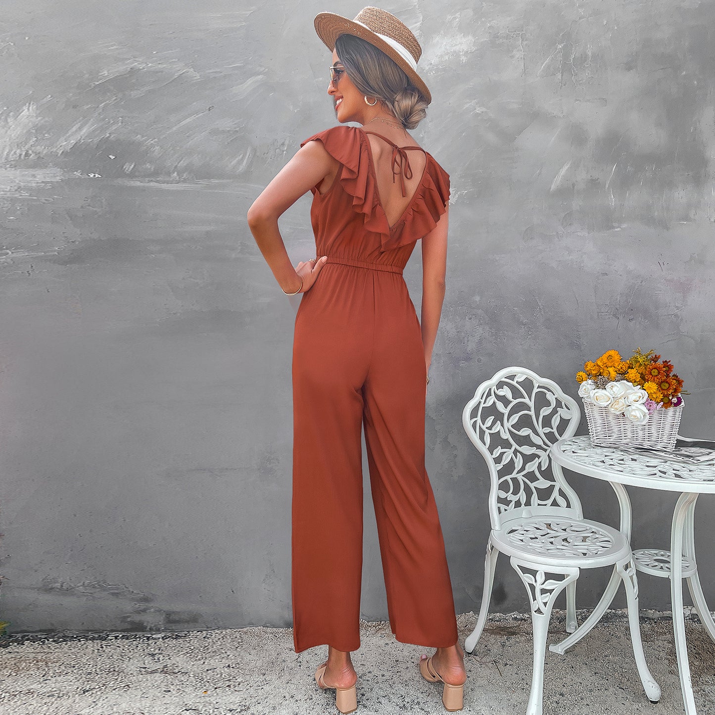 Women's Solid Color Open Back Jumpsuit