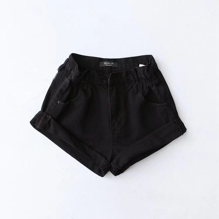 Fashion Five-color Elastic Waist Rolled Edge Denim Shorts Women