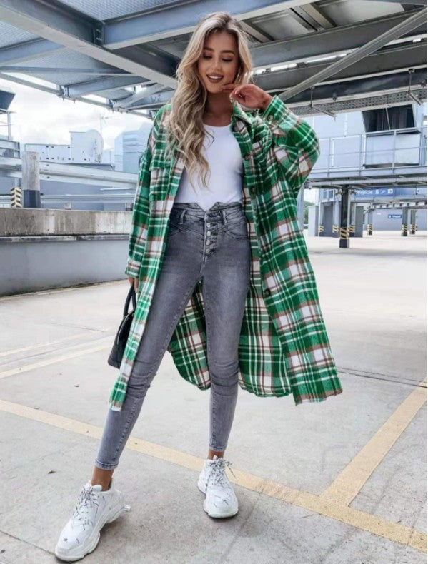 New Style Lengthened Plaid Shirt For Women