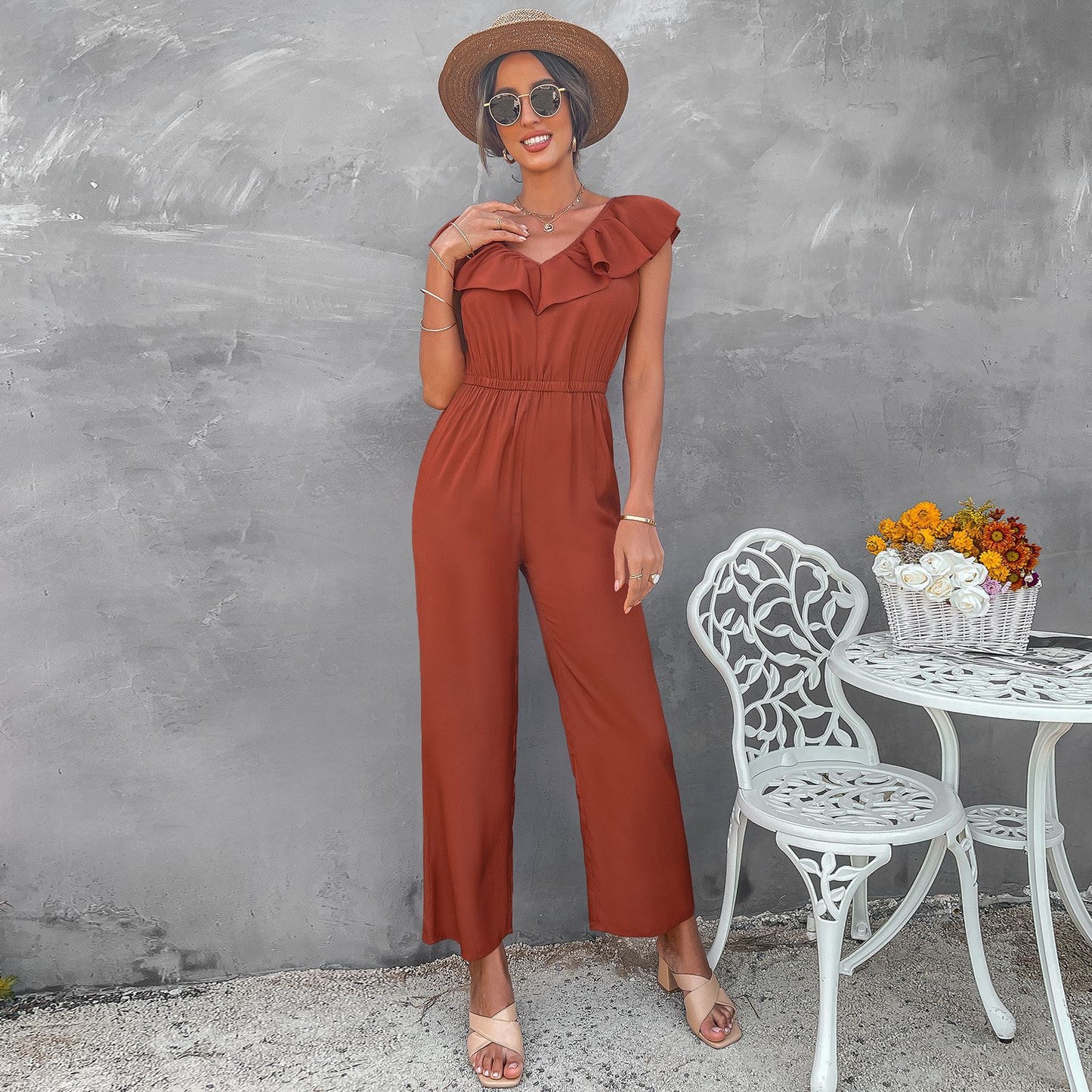 Women's Solid Color Open Back Jumpsuit