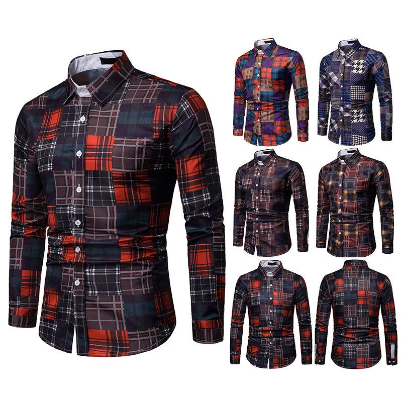 Men's long-sleeved plaid casual shirt