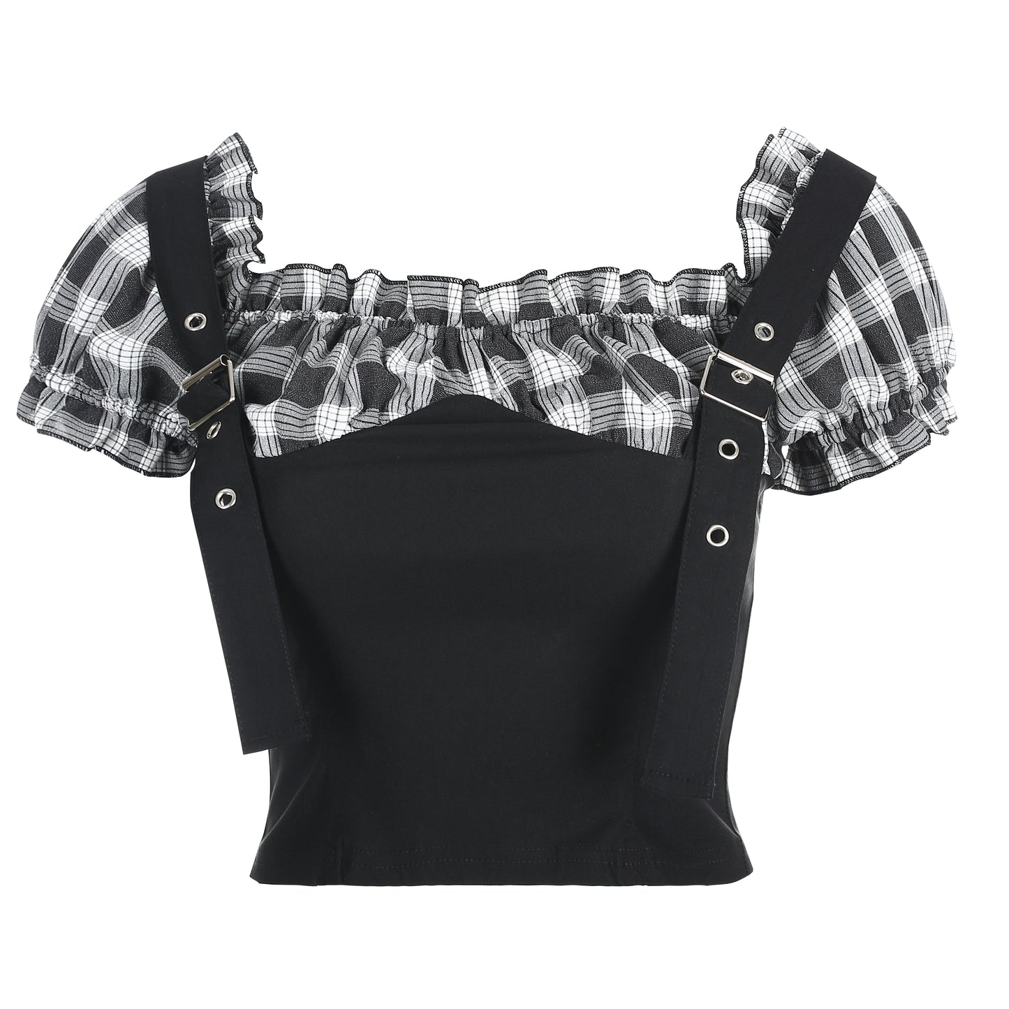 Plaid stitching shoulder straps shirt