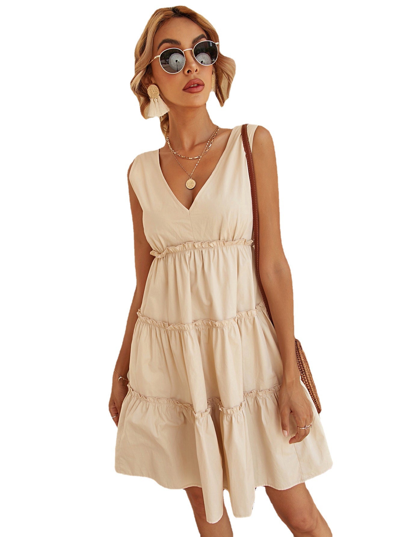 Women's Solid V-Neck Sleeveless Hem Panel Dress