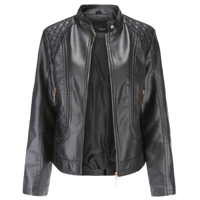 Stand-up collar PU leather jacket women