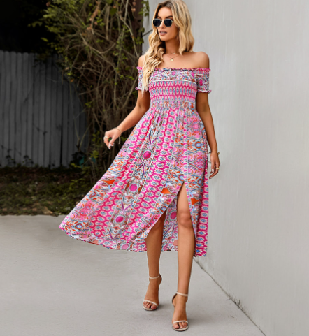 One Shoulder Bohemian Slit Skirt